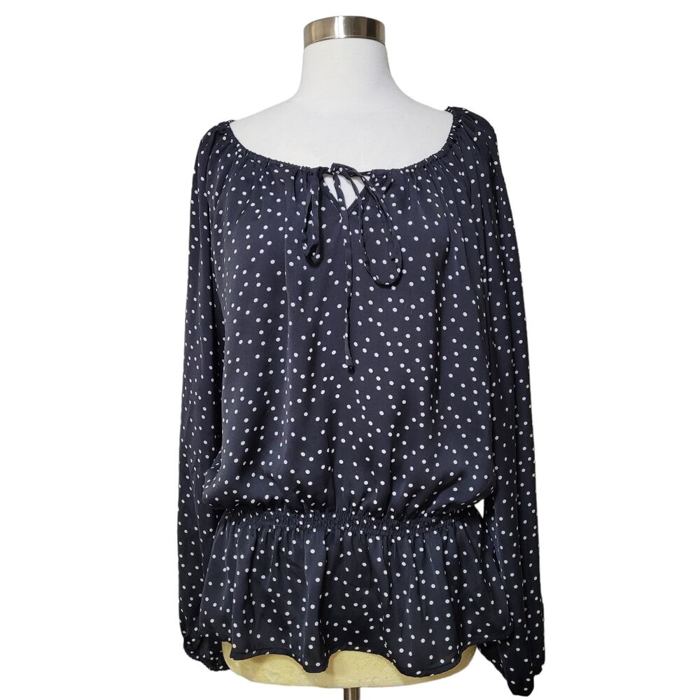 Ellen Tracy Women's Black Polka Dot Smocked Waist Blouse Top Scoop Neck Large